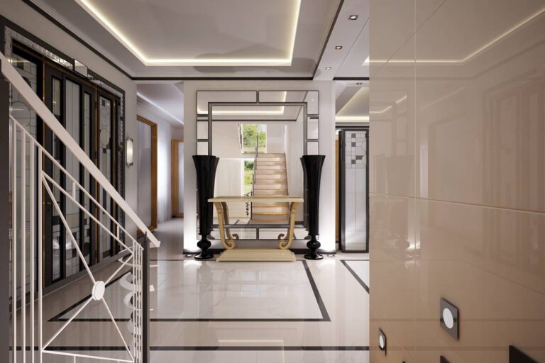 Интерьер холла с черными высокими вазами