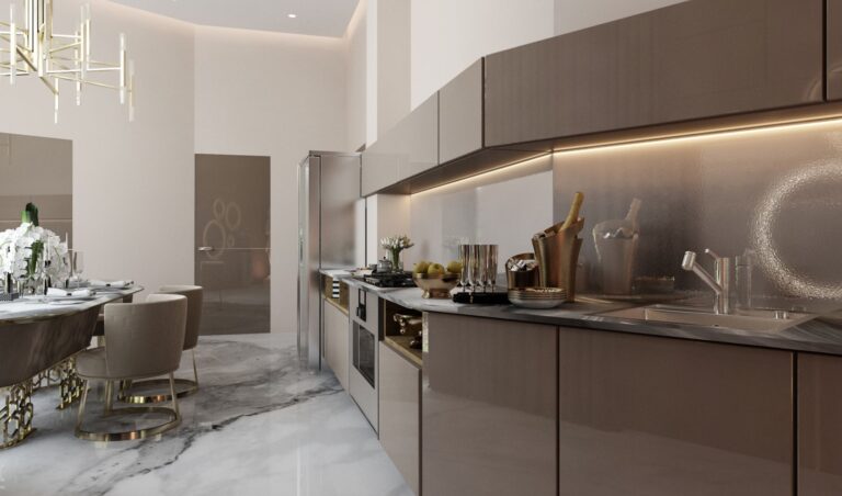 Светло-коричневая глянцевая кухня со светодиодной подсветкой