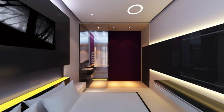 Интерьер спальни с черно-желтой кроватью