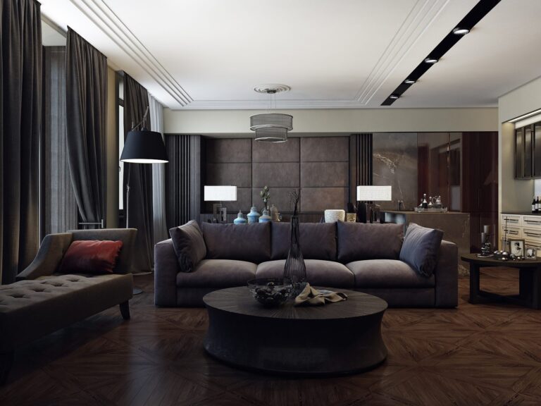 Темная большой гостиная с трехместным диваном и шезлонгом