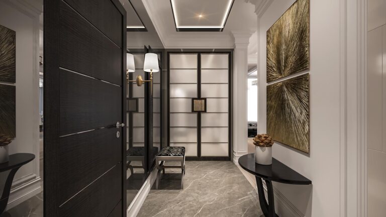 Контрастная цветовая отделка в дизайне узкого коридора