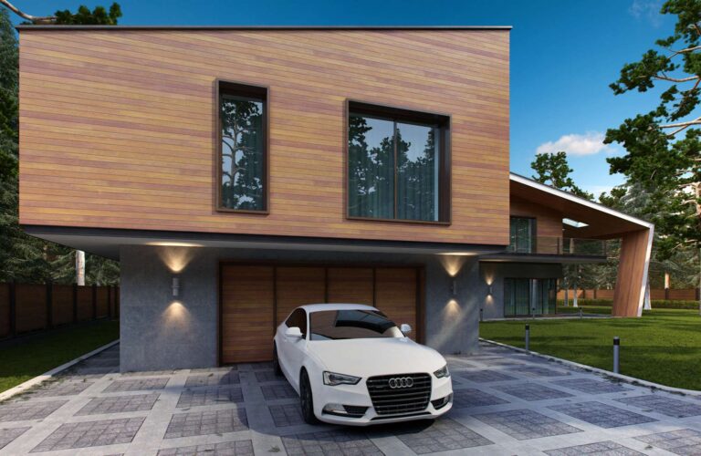 Фасад дома с гаражом и площадкой для авто