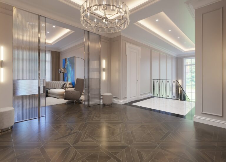 Перегородка в холле в виде больших стеклянных дверей