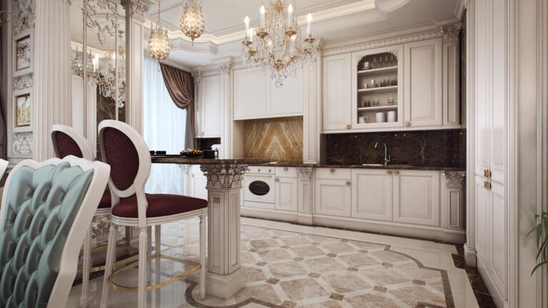 Столешницы и фартук из коричневого мрамора в дизайне белой классической кухни