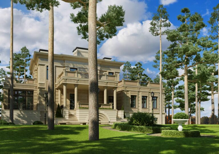 Внутренний фасад дома с портиком, балконами и французскими окнами