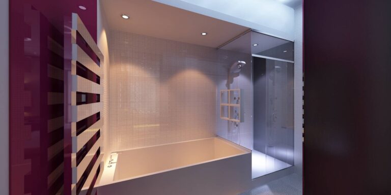 Дизайн небольшой ванной с мозаикой и потолочной подсветкой