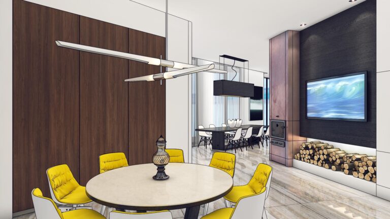 Эскиз контрастной обеденной зоны с яркими желтыми акцентами