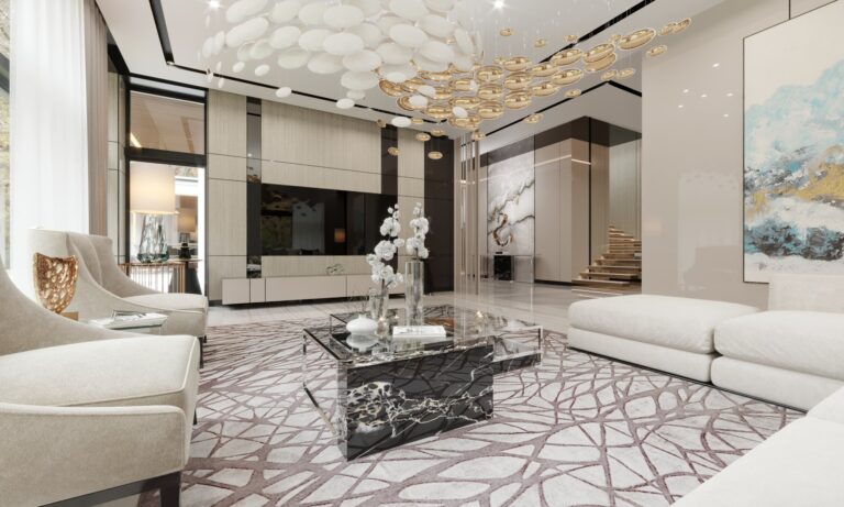 Интерьер гостиной с бело-золотой люстрой