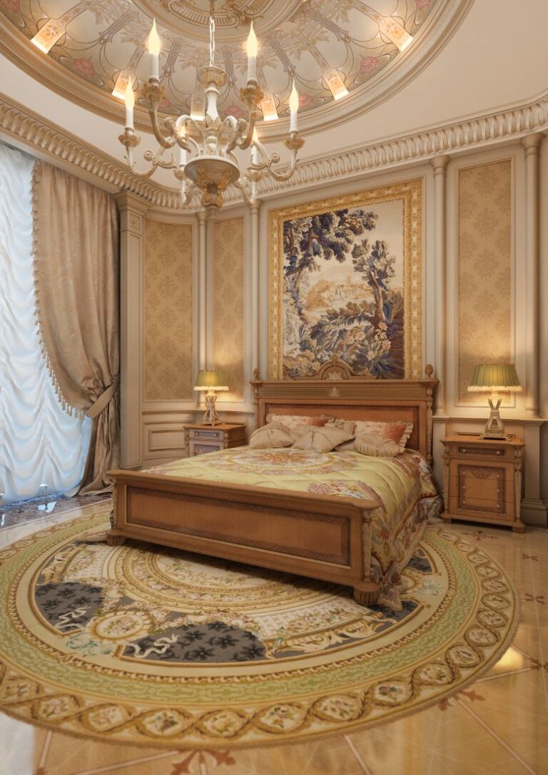 Роскошный круглый ковер в интерьере спальни