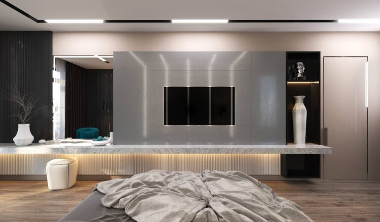 Спальня со стальной панелью для ТВ, оборудованной столешницей из белого каррарского мрамора