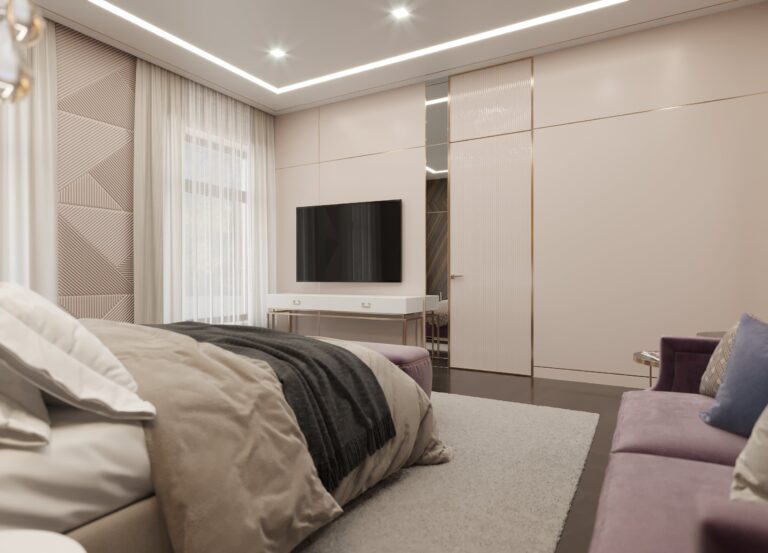 Дизайн светлой спальни с темными полами