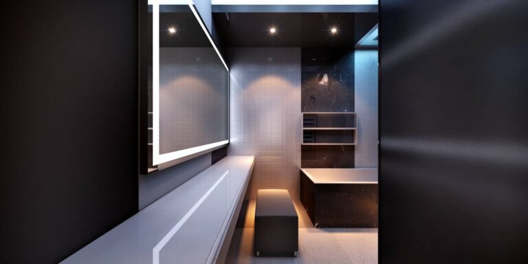 Сочетание светло-серых оттенков и черного натурального камня в интерьере ванной