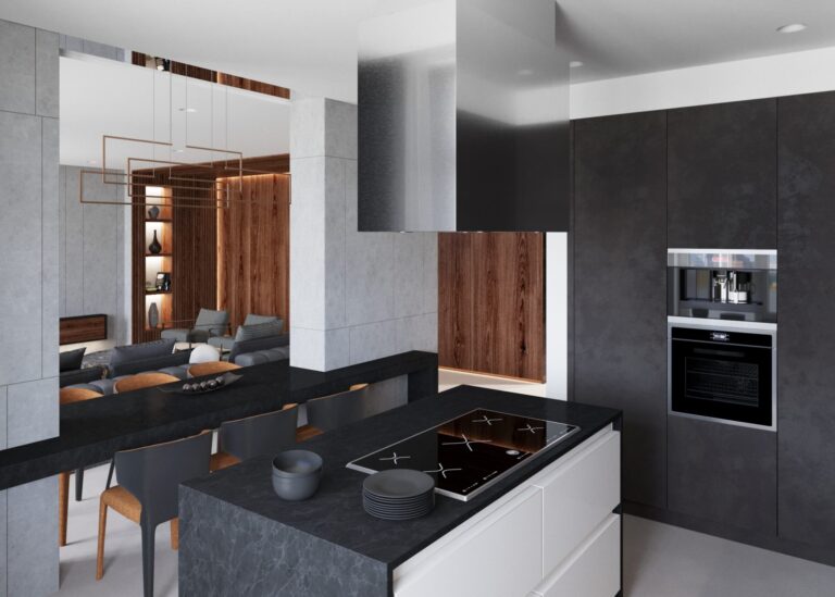 Интерьер кухни с рабочим столом-островом и стальной вытяжкой