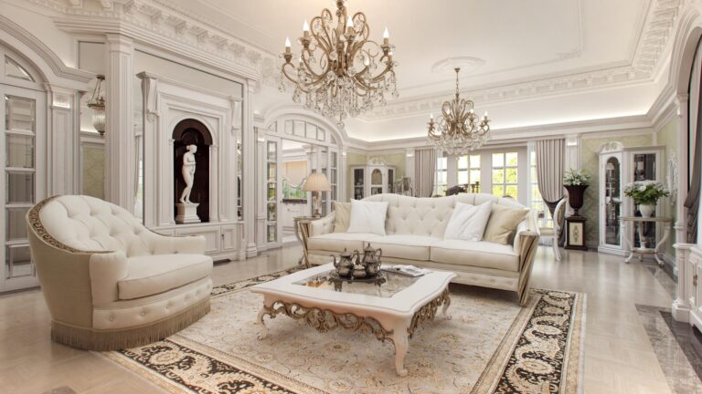 2 помпезные люстры в интерьере гостиной комнаты