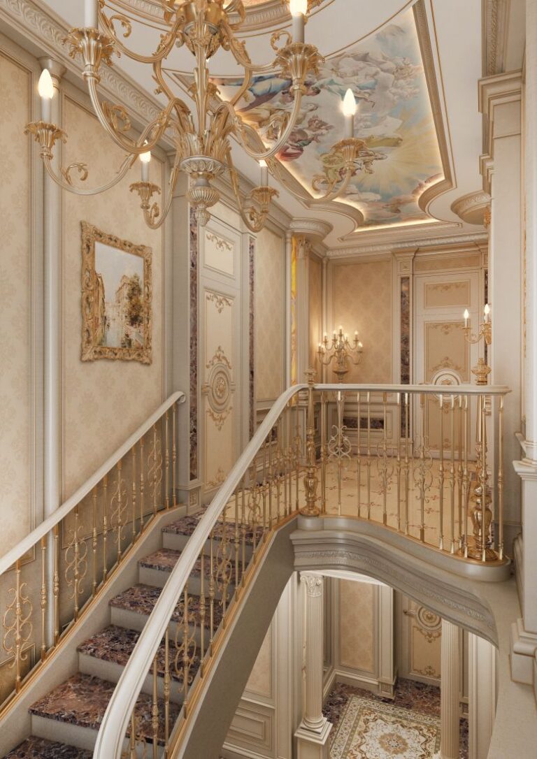 Лестница с коричневым мрамором в дизайне квартиры