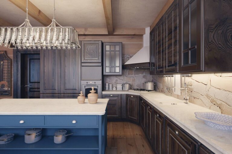 Шкафы из темного дерева в солидном дизайне кухни
