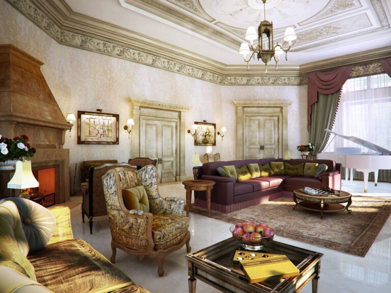 Узорный потолок в серо-бежевом интерьере гостиной