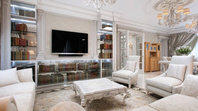 Зона отдыха классической гостиной со шкафами и полками из прозрачного стекла