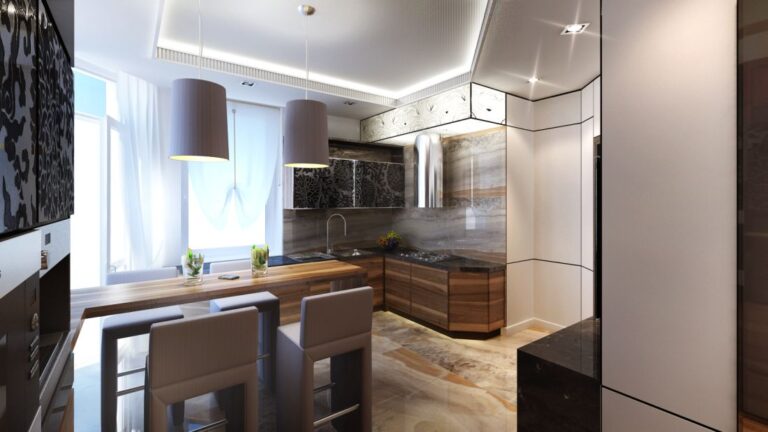 Объемный потолок с линейной подсветкой и светильниками в оформлении кухни