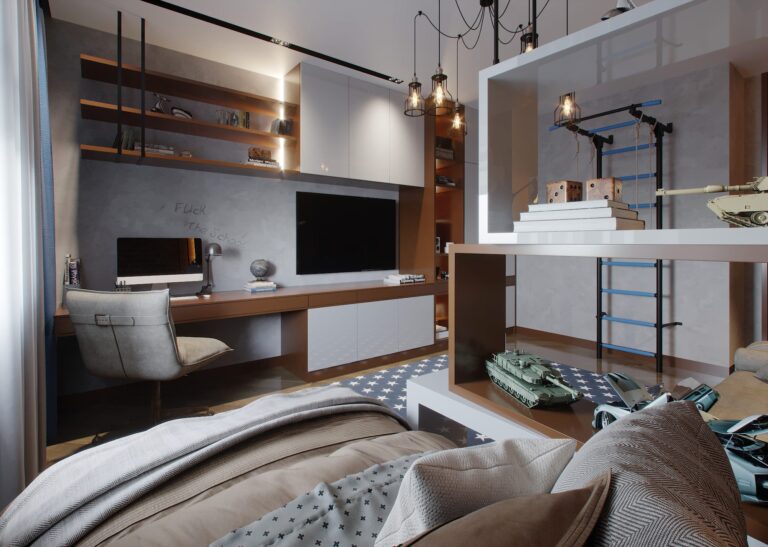 Интерьер подростковой детской со стеллажами
