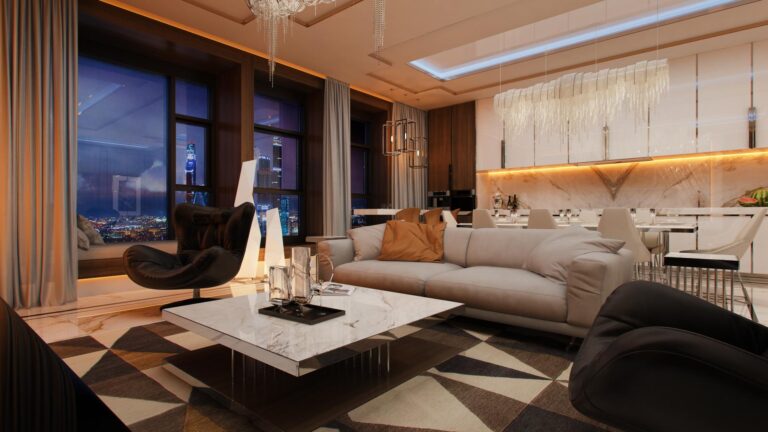 Как выглядит роскошный интерьер современном гостиной вечером