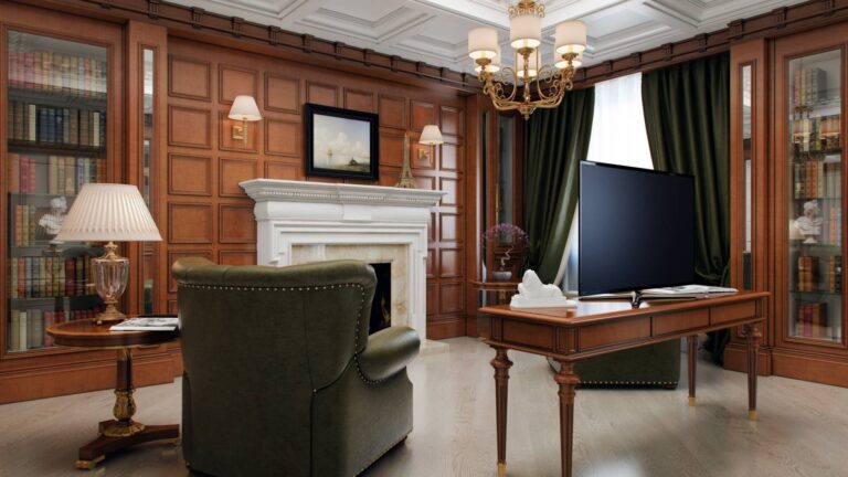 Стены в классической библиотеке, отделанные панелями из натуральной древесины