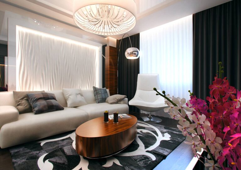 Темные шторы в ярком интерьере гостиной комнаты