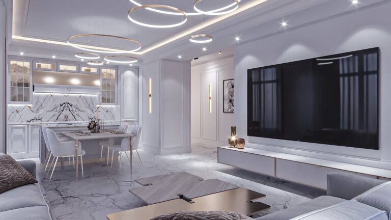 Дизайн гостиной-кухни с люстрами в виде колец