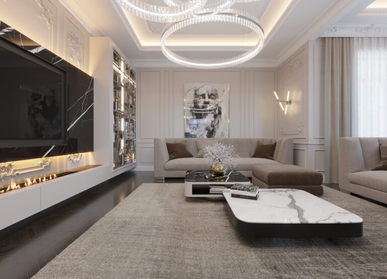 Дизайн гостиной с каминной панелью под ТВ