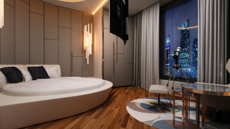 Блестящий интерьер спальни с круглой кроватью и панорамным окном