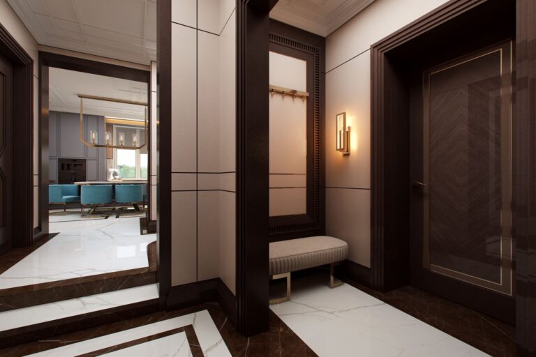 Темные тона в интерьере прихожей таунхауса