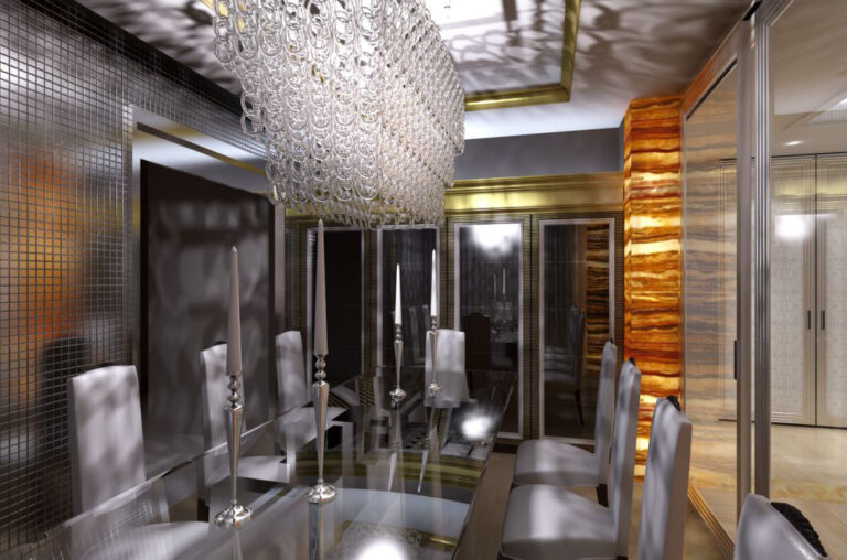 Интерьер оригинальной столовой с большой хрустальной люстрой