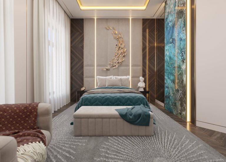 Спальня в бежевой гамме с серым ковром