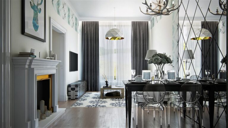 Серый, белый и бледно-голубой цвет в дизайне гостиной