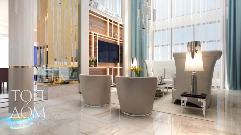 Интерьер гостиной с оригинальной подсветкой и светильниками