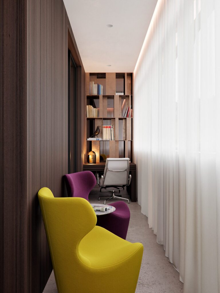 Письменный стол и зона отдыха в интерьере балкона