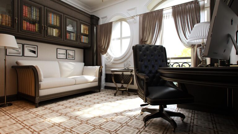 Круглое окном в классическом интерьере кабинета