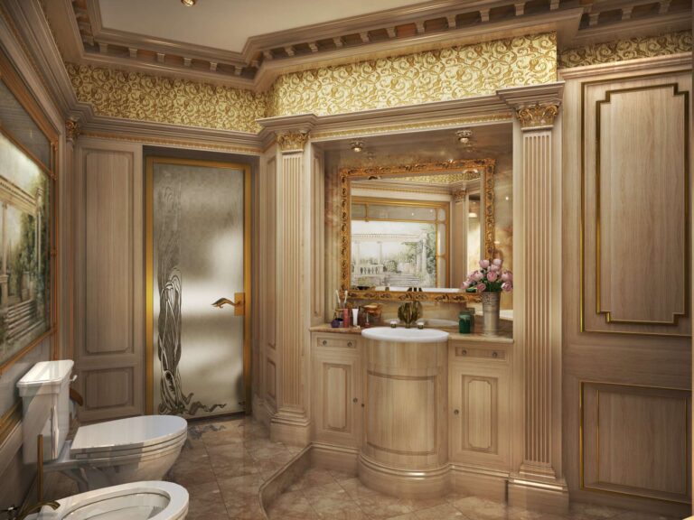 Гармоничный дизайн ванной с золотистым зеркалом