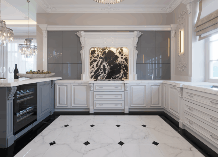 Серые стены и барная стойка в белом дизайне кухни