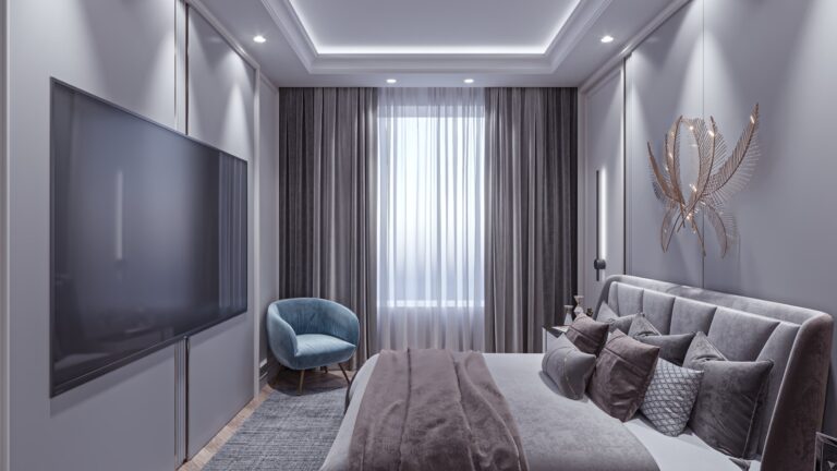 Дизайн спальни с золотистым украшением в изголовье кровати