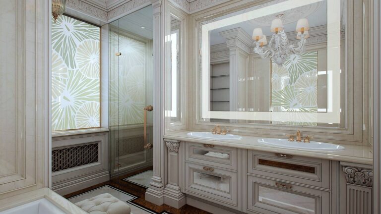 Ванная комната с двумя встроенными овальными раковинами