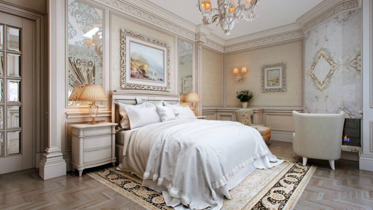 Спальня с зеркальными настенными панелями, декорированными ажурным рисунком