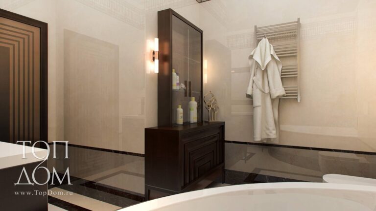 Дизайн ванной с коричневой мебелью и бежевой плиткой