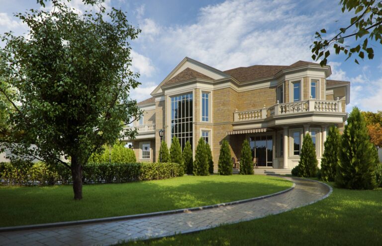 Дорожки и деревья на участке перед внутренним фасадом особняка