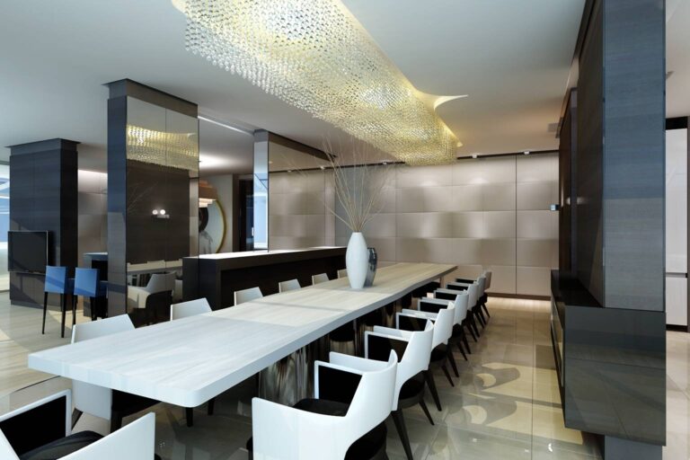Дизайн интерьера столовой в черно-белых оттенках с зеркальными панелями