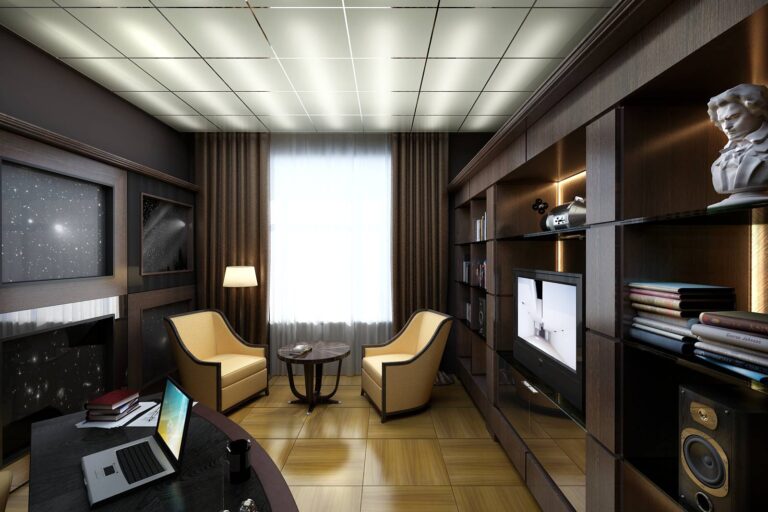 Дизайн кабинета с ванильными креслами и круглым столиком