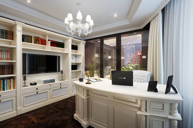 Фото кабинета с белой мебелью и темными полами