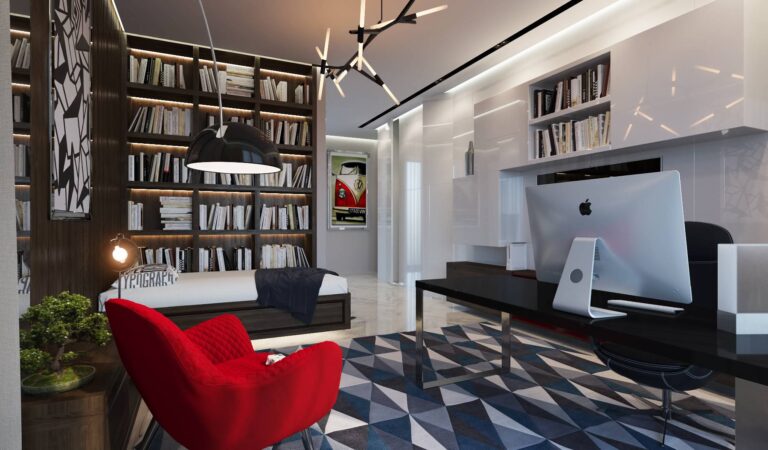 Контрастная спальня с красным креслом, совмещенная с кабинетом