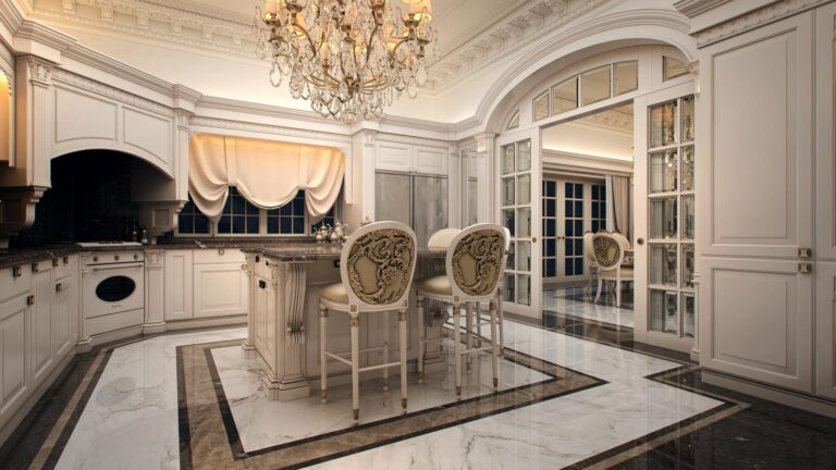 Классическая кухня с большими межкомнатными дверьми из стекла