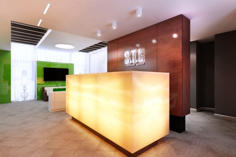 Интерьер современной стойки ресепшен с подсветкой в офисном учебном центре